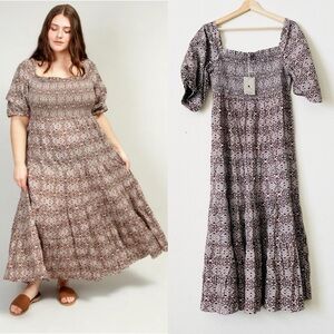 NWT Noonday Collection SIZE 2 brown printed smocked tiered midi dress